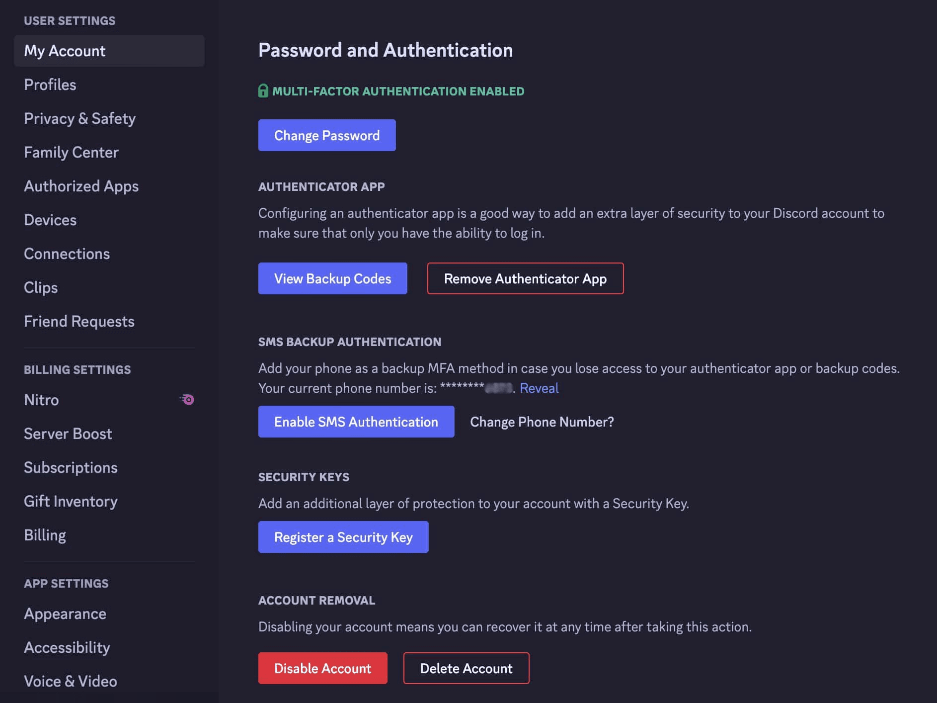 shows the password and authentication settings for discord