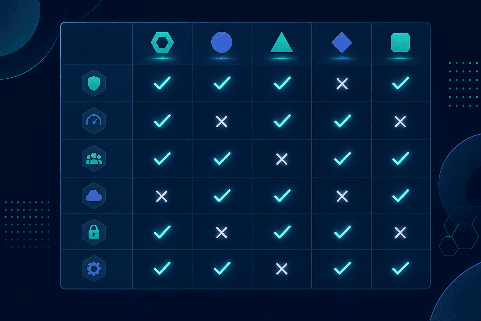 A clean enterprise data visualization concept showing a comparison grid or matrix with glowing checkmarks and X marks arranged in rows and columns, representing a feature comparison between software tools. Dark navy background with teal and white accent colors, modern flat design aesthetic, abstract geometric shapes suggesting categories and criteria being evaluated side by side, no text or labels anywhere in the image.