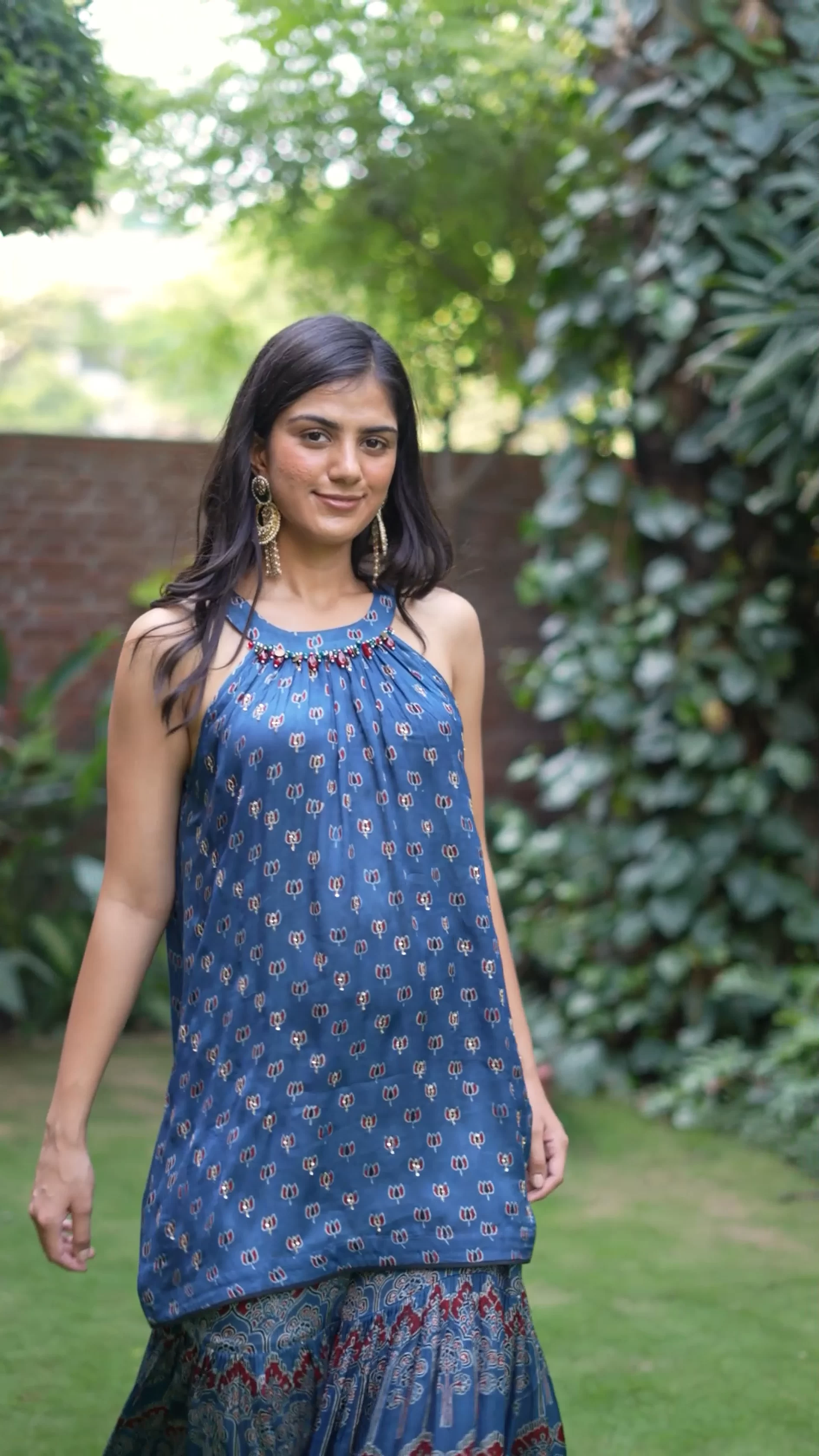 Indigo Boho Halter Kurta With Printed Garara 1