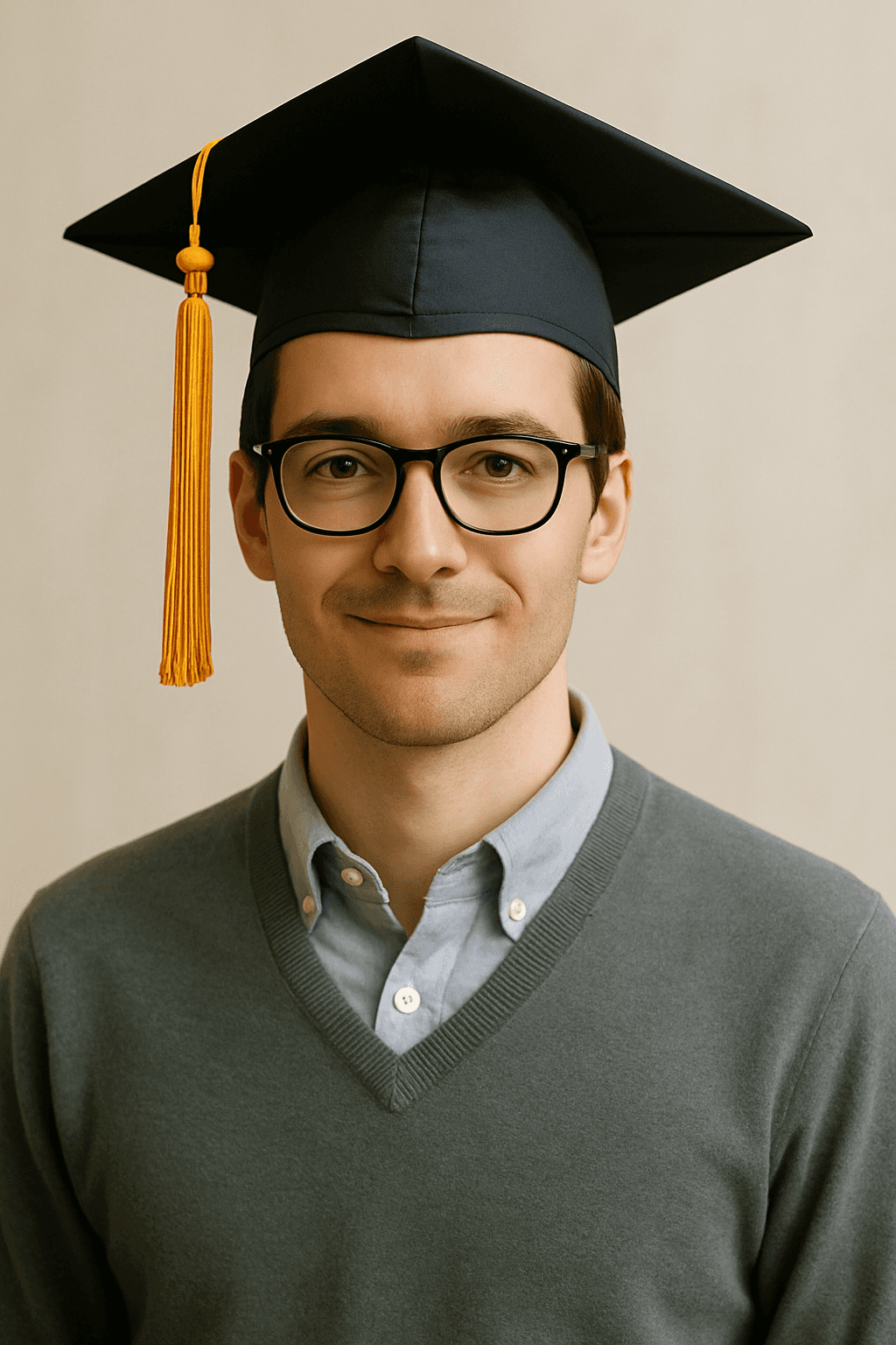 A young man wearing glasses and a graduation cap, smiling slightly against a neutral beige background.
