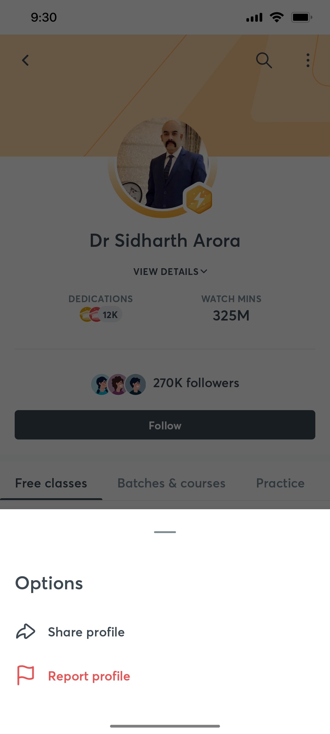 Unacademy Options Screen