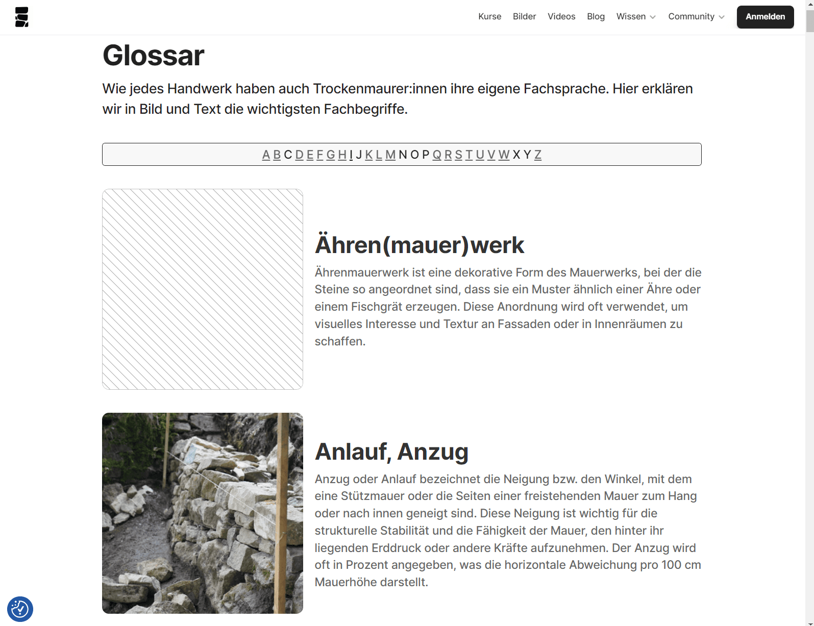 Screenshot Trockenmauer Glossar aus Trockenmauerkurs.de