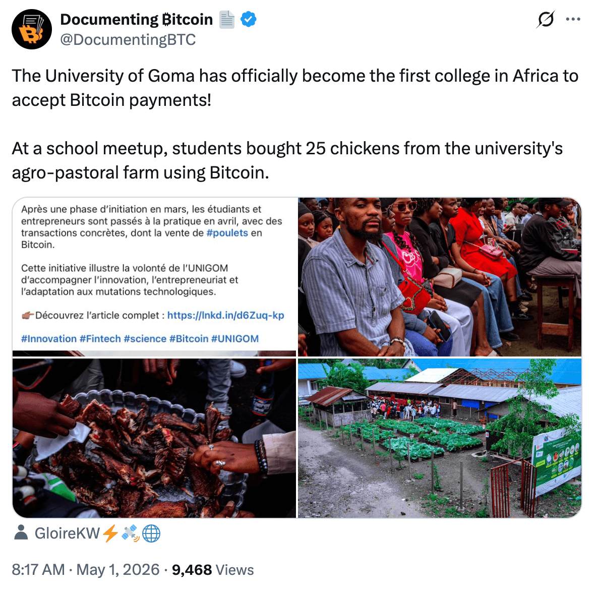 Tweet from @DocumentingBTC announcing the University of Goma becoming the first college in Africa to accept Bitcoin payments, with students buying chickens from the campus agro-pastoral farm