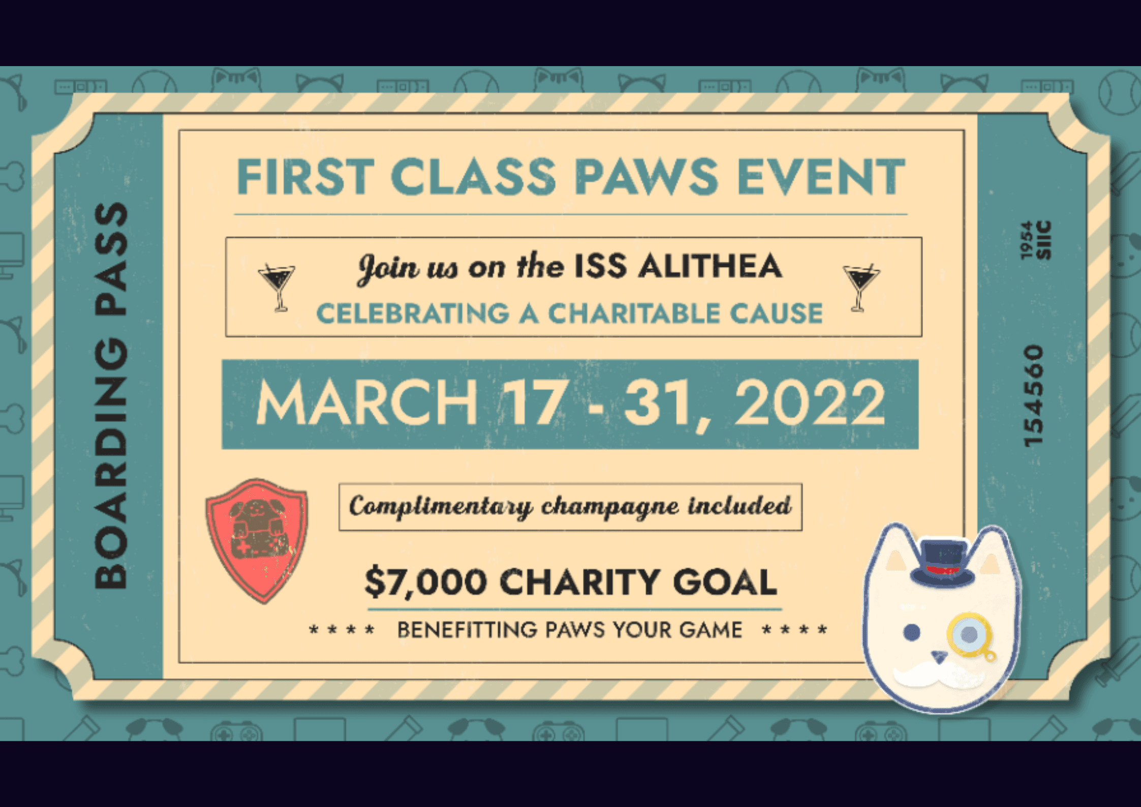 Example of graphics produced for the event featuring first class paws ticket stamps, a dapper dog, and a shield/paws your game logo combination