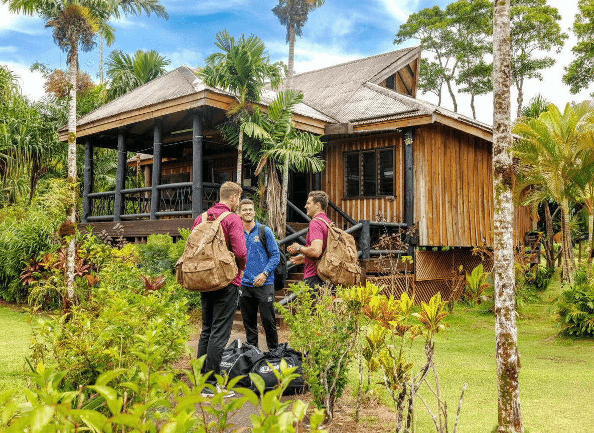 A group of sports team members are walking up to their traditional accomodation treehouse dorm surrounded by lush greenery