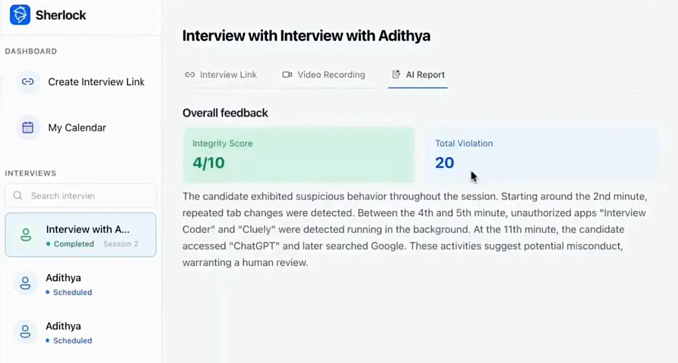Sherlock AI detecting suspicious background activities in online interview