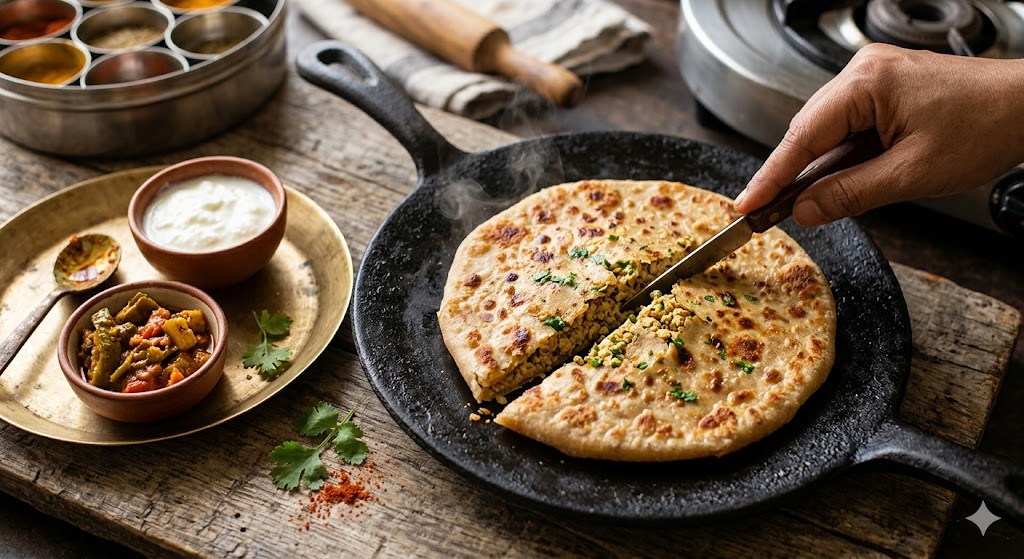 A close-up photograph of a stuffed tofu paratha being sliced on a cast-iron pan. The image shows the crispy golden flatbread cut open to reveal the spiced tofu filling, served with curd and mixed pickle on the side.