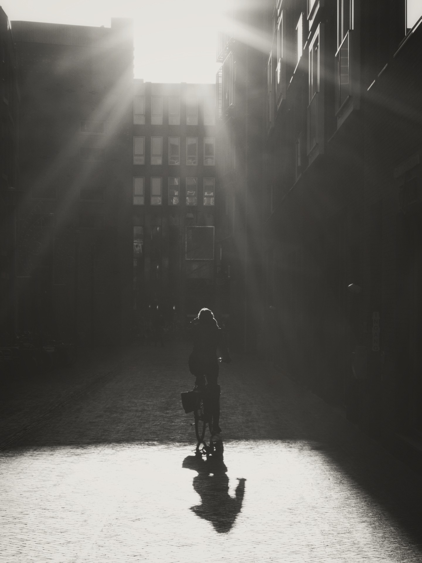 Person riding bicycle down city street with sun shining through buildings casting long shadow.