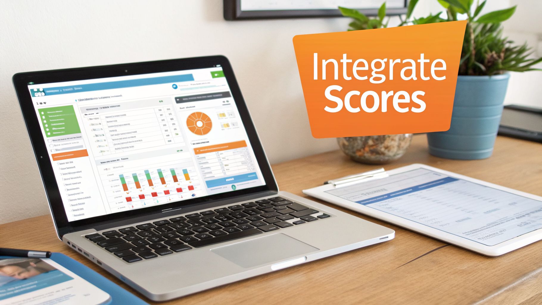 A laptop displays data analytics and graphs, with a tablet and plants, alongside text 'Integrate Scores'.