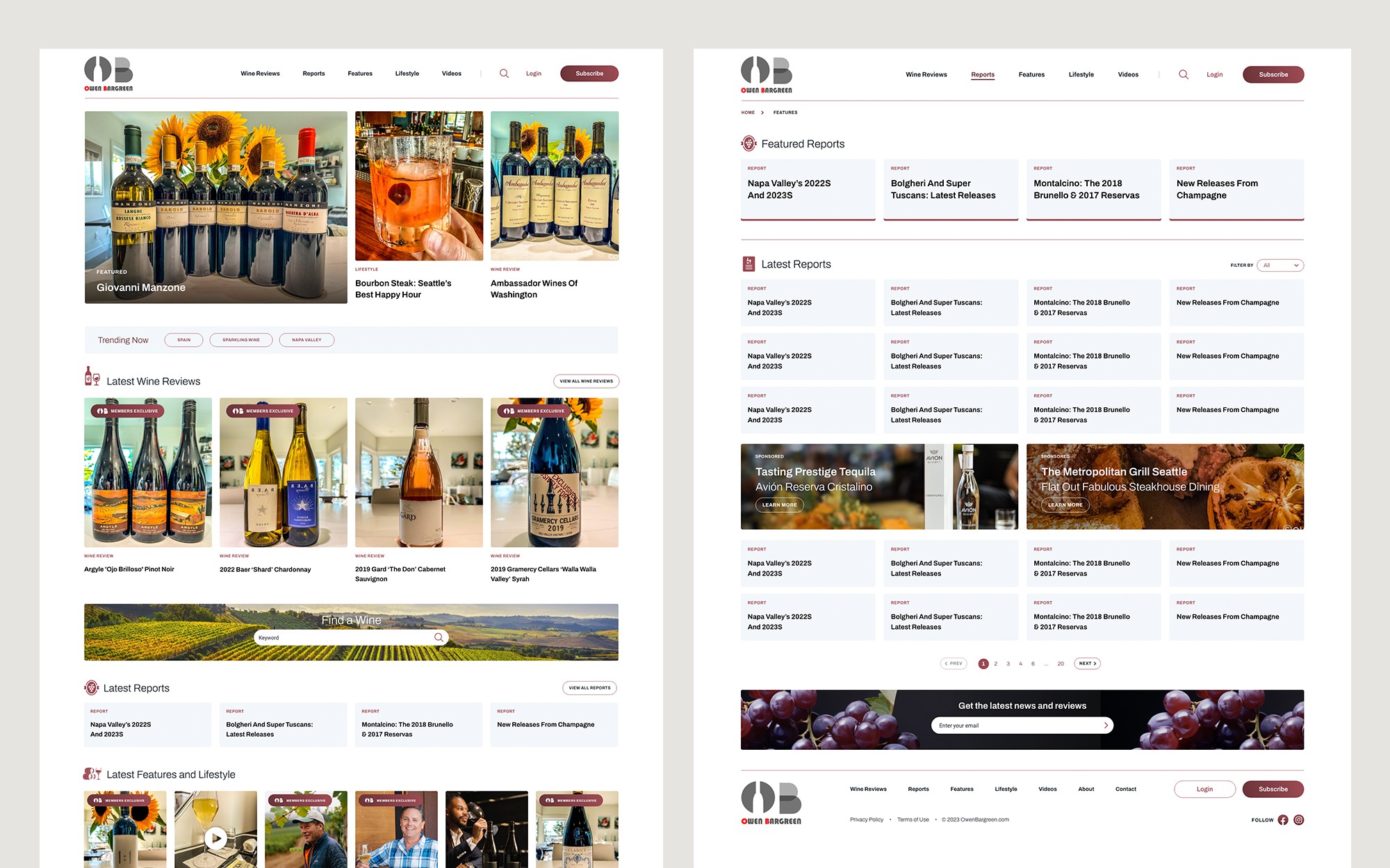Mockups with desktop view of the wine-review website showing featured wines, articles, and reports.