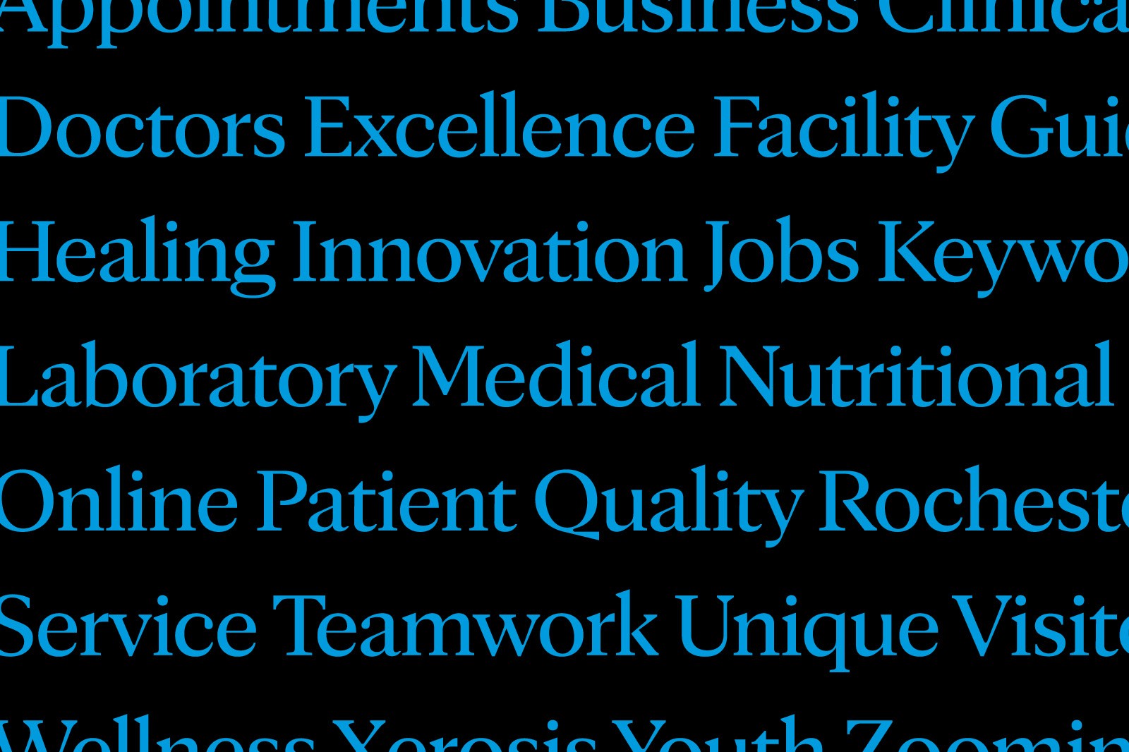 Text on a dark background lists various healthcare-related topics and initiatives, such as quality and patient care.