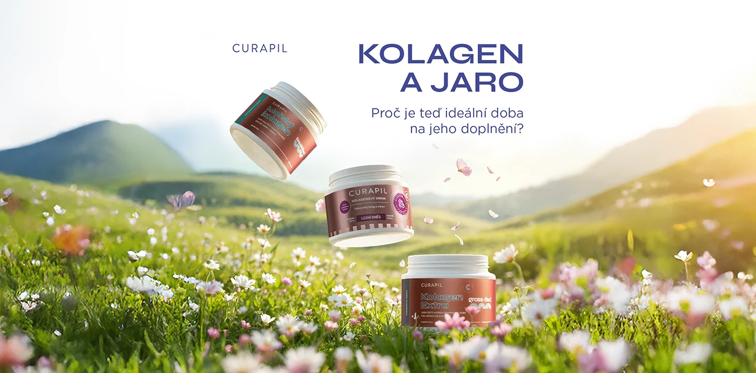 Curapil collagen products floating above a blooming spring meadow.