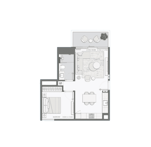 Floor plan of a 1-bedroom apartment at Mansory Residences, showcasing room layout and dimensions.