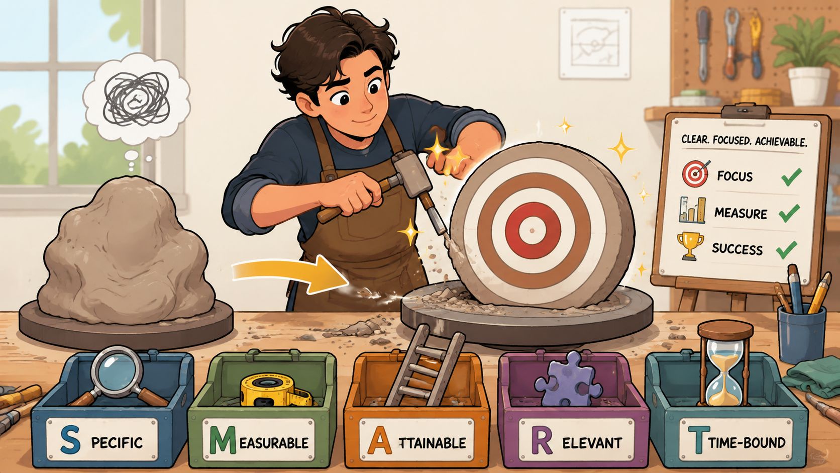 An illustration of a craftsman sculpting a target out of stone, symbolizing a SMART goal-setting framework.