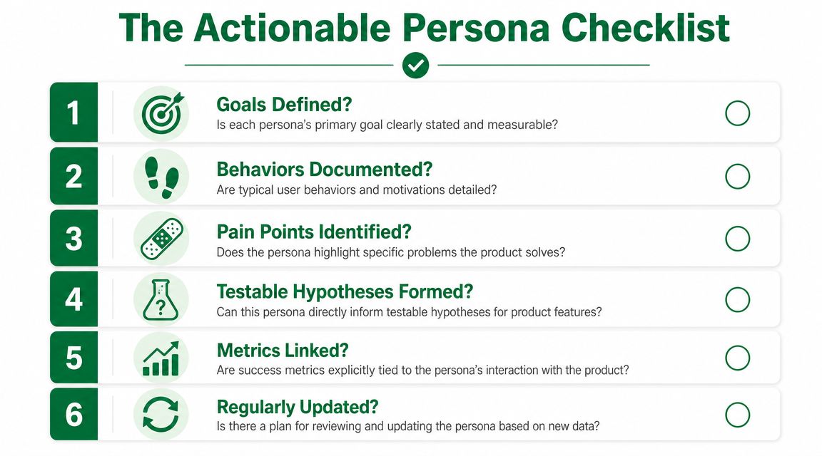 A checklist for creating actionable user personas featuring six key steps for product design and development.