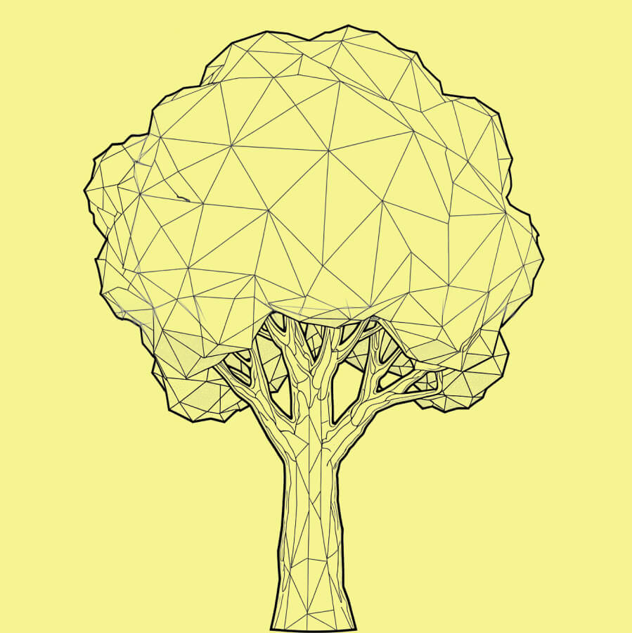 Ilustração de uma árvore geométrica sobre um fundo amarelo, com tronco detalhado e folhagem arredondada.