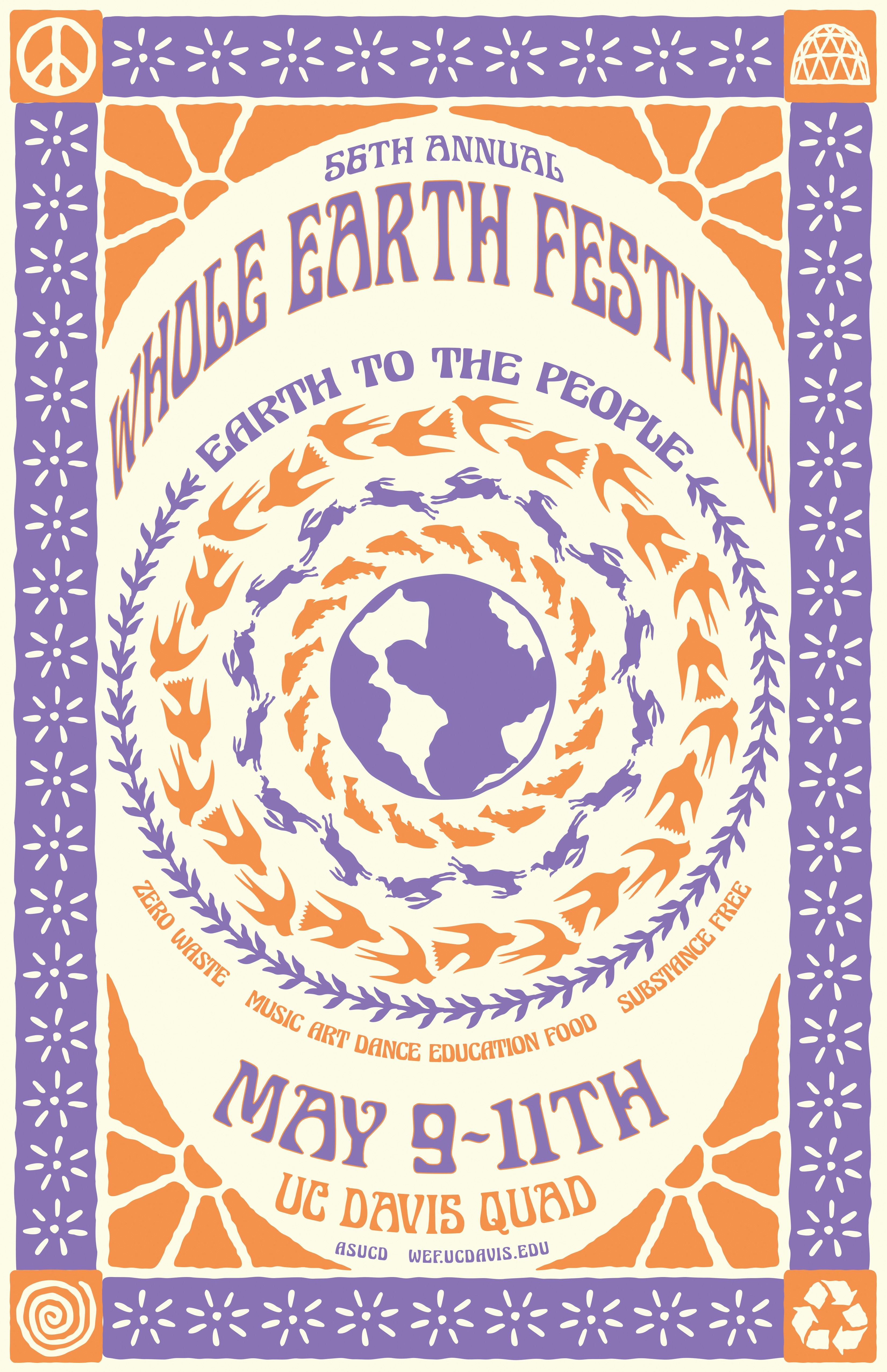 Poster for Whole Earth Festival. Showing festival details with visual elements of a decorative floral border, and earth in the center, surrounded by circling animals. Color: Pulrple and Orange