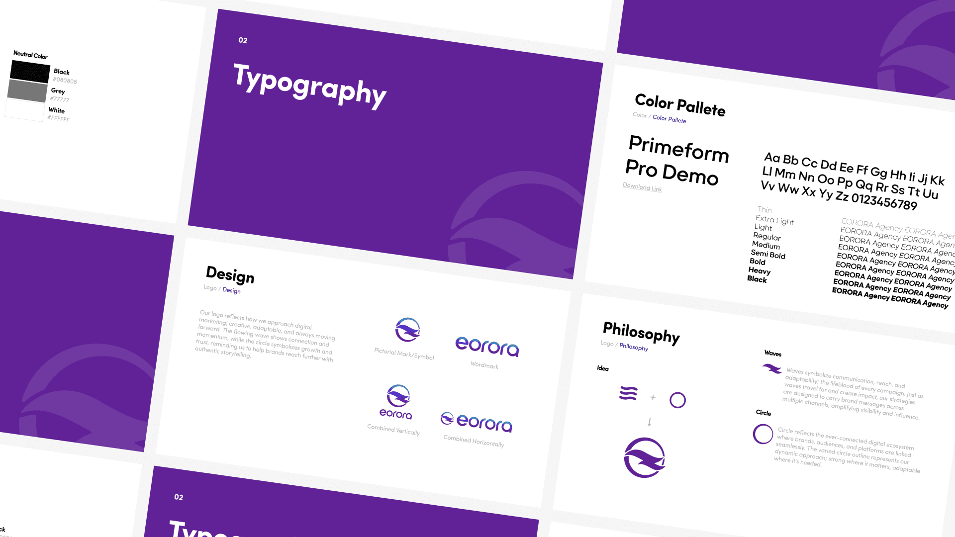 A set of design guidelines featuring a purple and white color scheme. Includes typography, color palette, philosophy, and logo design elements.