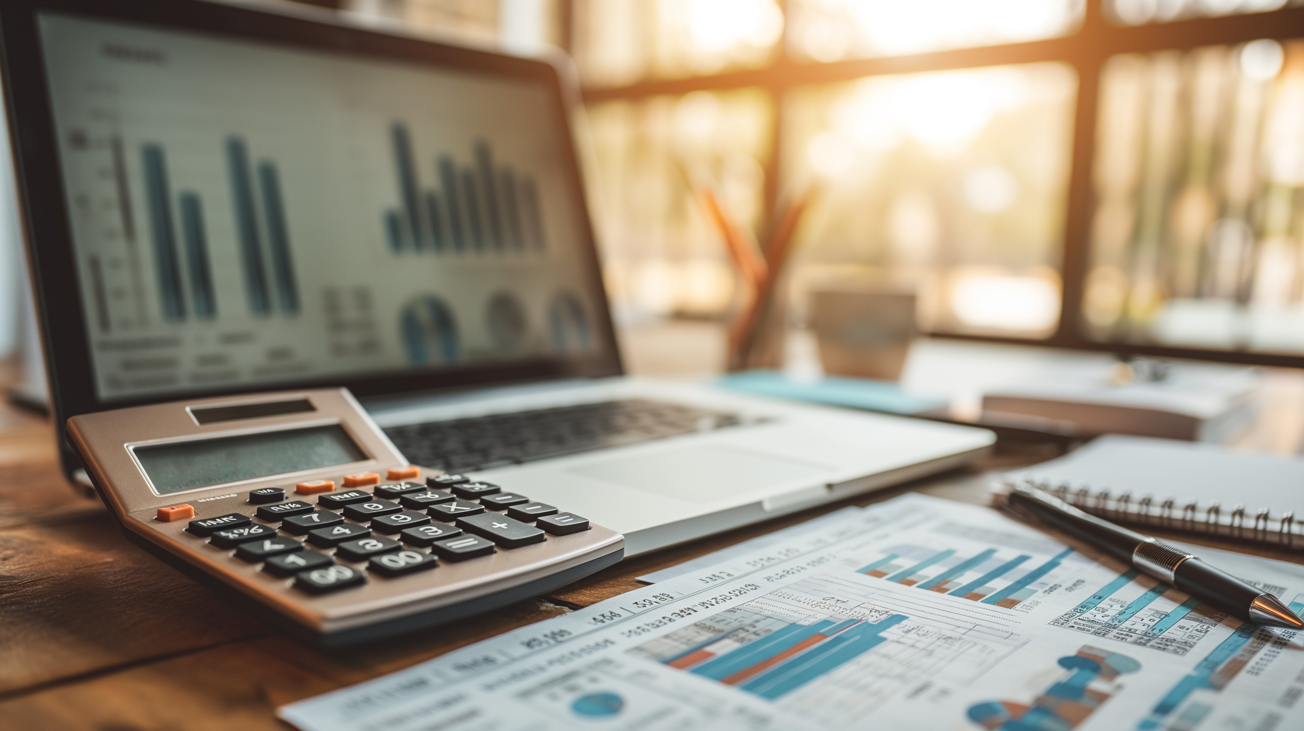 Tax preparation and accounting documents with calculator and financial reports