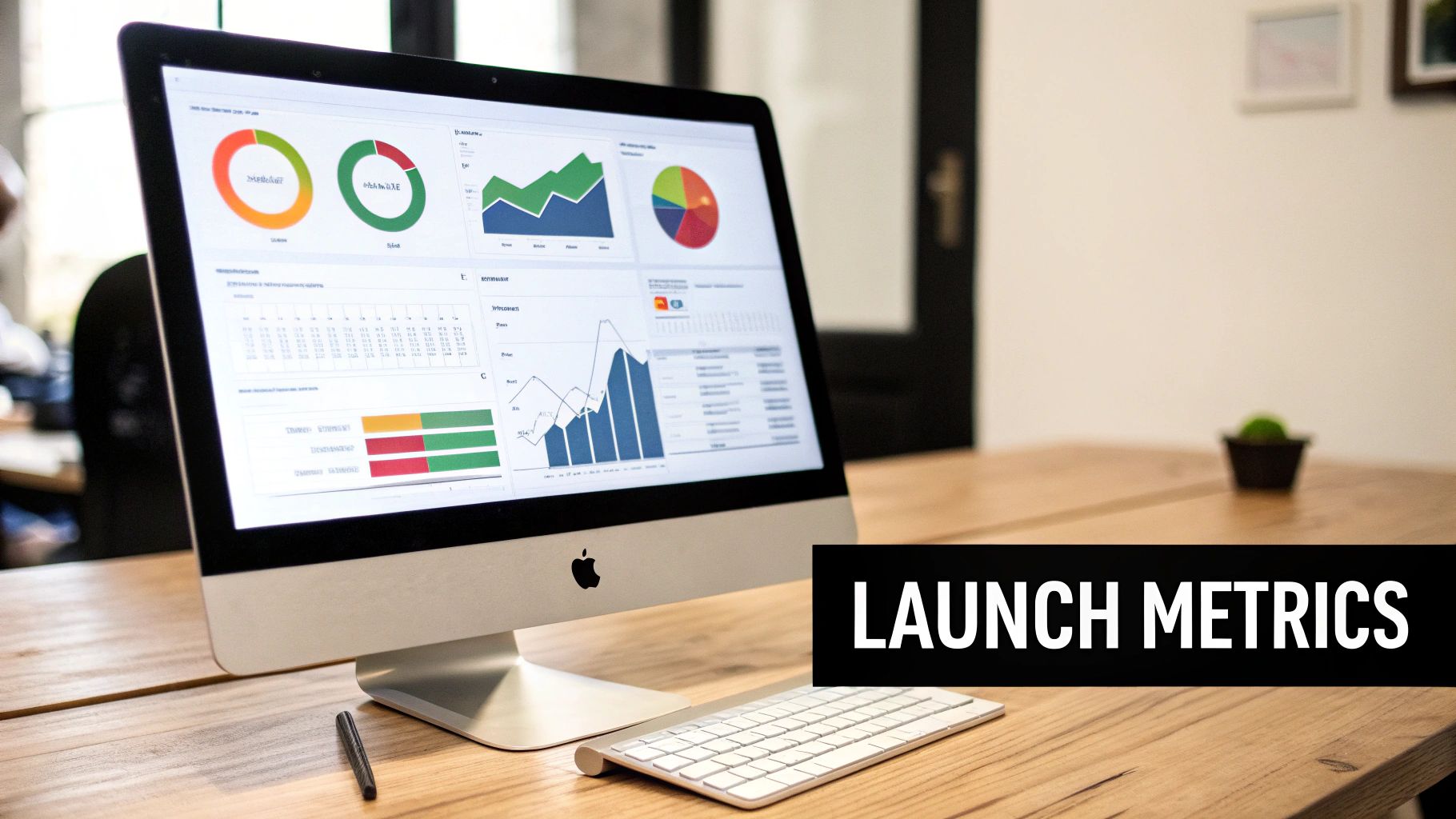 Desk setup with an iMac displaying business data, charts, and graphs for launch metrics analysis.