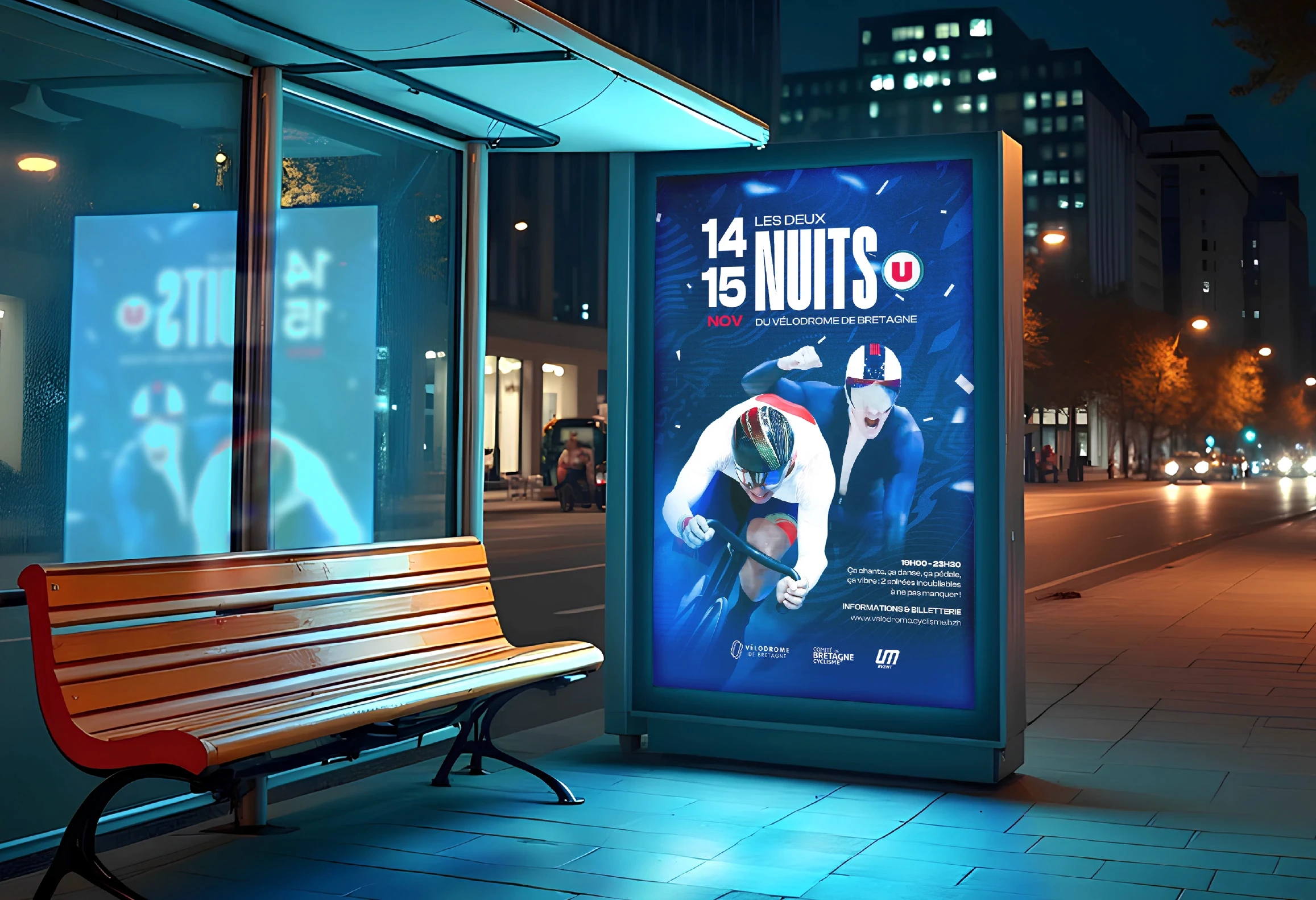 Affiche de l’événement Les Deux Nuits U du Vélodrome de Bretagne, identité visuelle événementielle