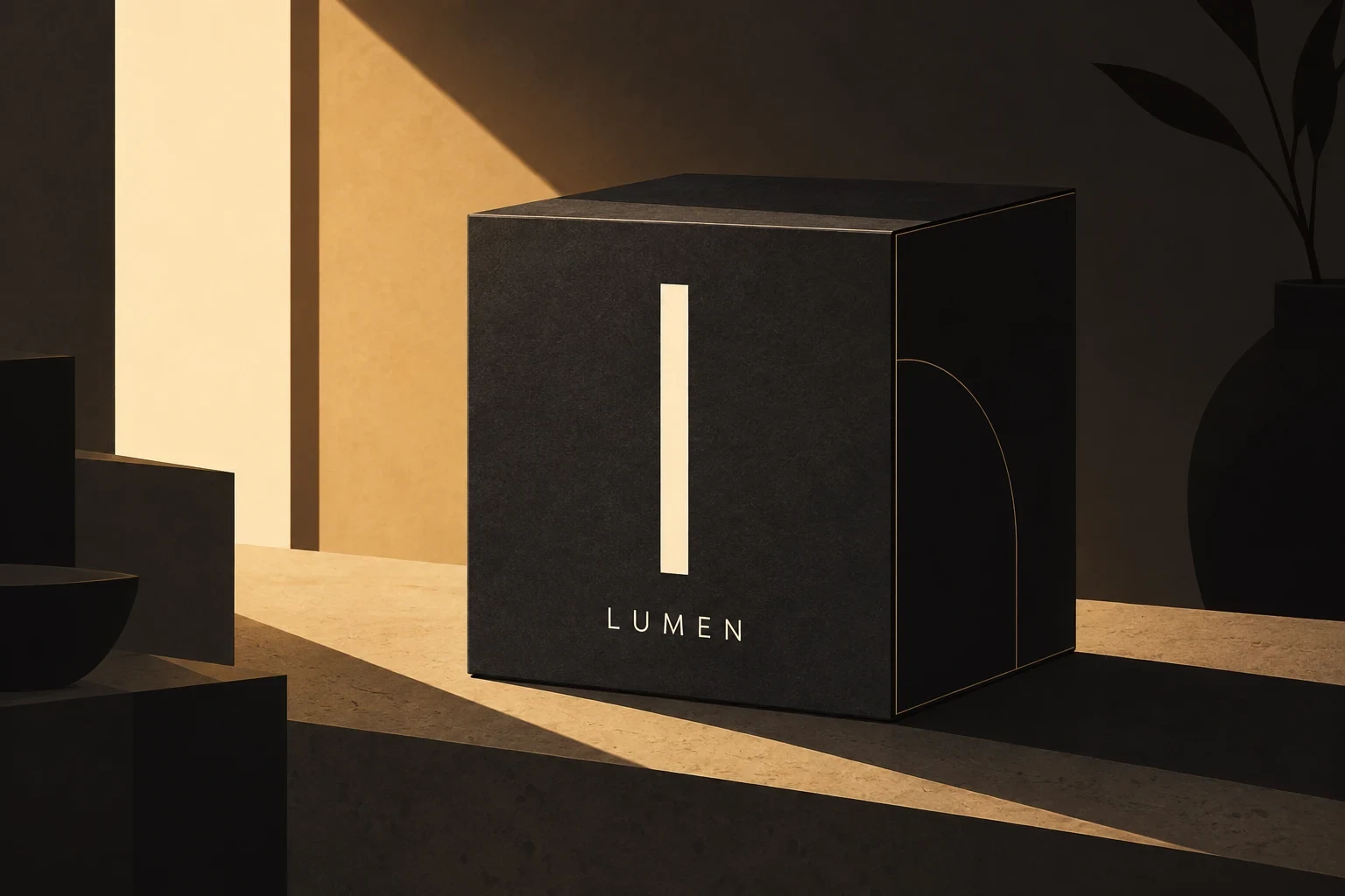 A tactile charcoal lamp packaging box with large ivory slit mark and exact word LUMEN, dramatic low sidelight