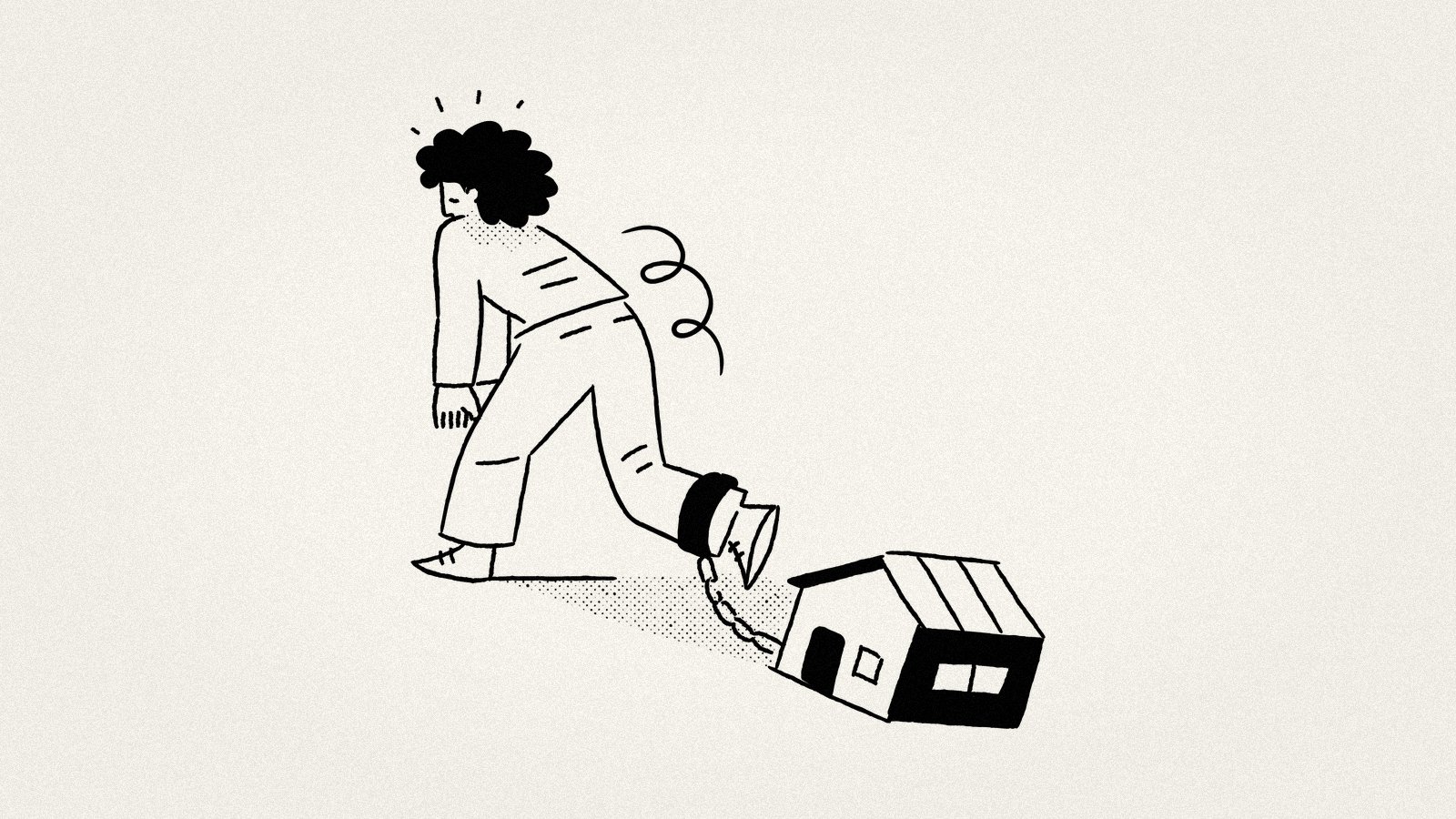 Illustration of a person dragging a heavy weight chained to their leg — representing the invisible structural drag that same-sandbox competition creates across CAC, memorability, sales velocity, and pricing power