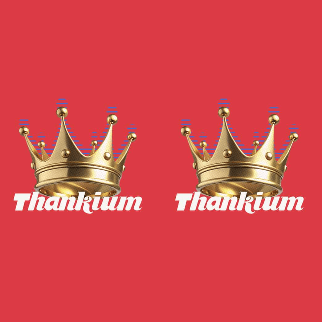 Corona dorada con texto "Thankium" en fondo rojo, diseño moderno y elegante.