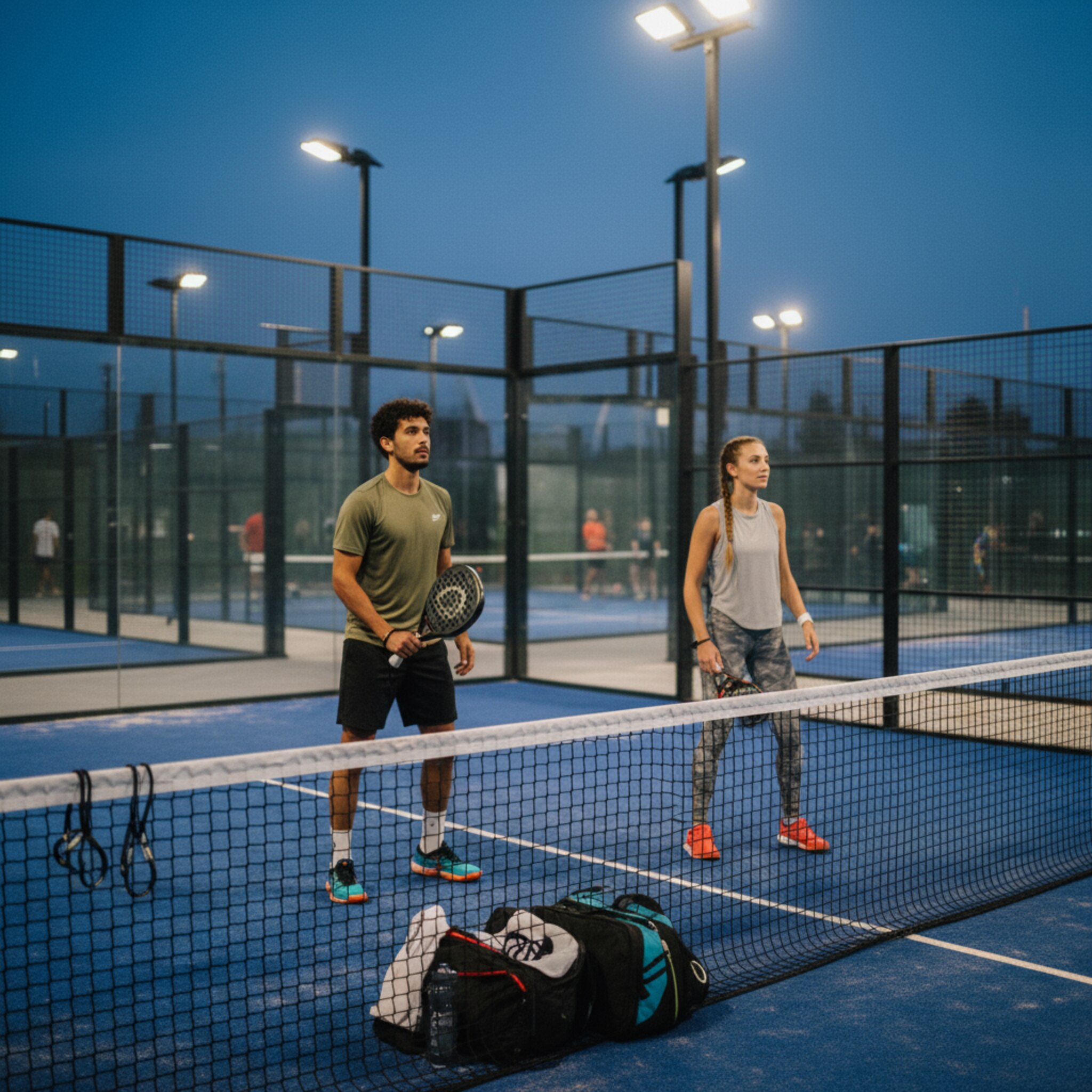Ein Duo betritt pünktlich einen abendlichen Court, das Licht ist bereits an. Keine Schlange am Empfang, kein Hin und Her. Taschen werden an der Bande abgelegt, dann folgt der erste Aufschlag. Die Szene vermittelt Verbindlichkeit und einen reibungslosen Start.