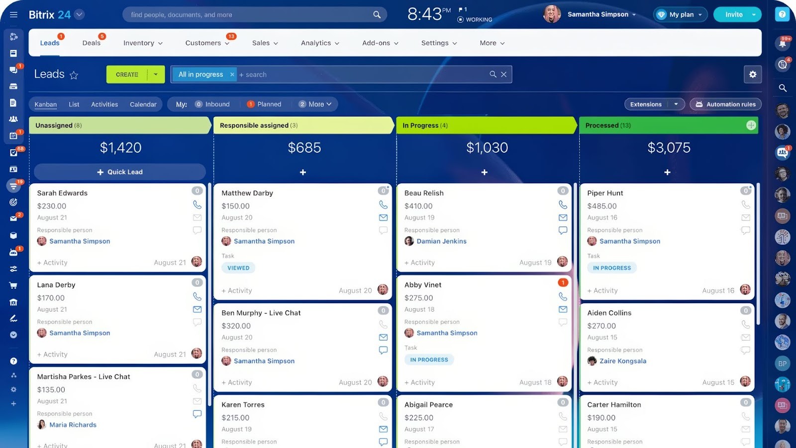 Bitrix24's comprehensive leads Kanban board