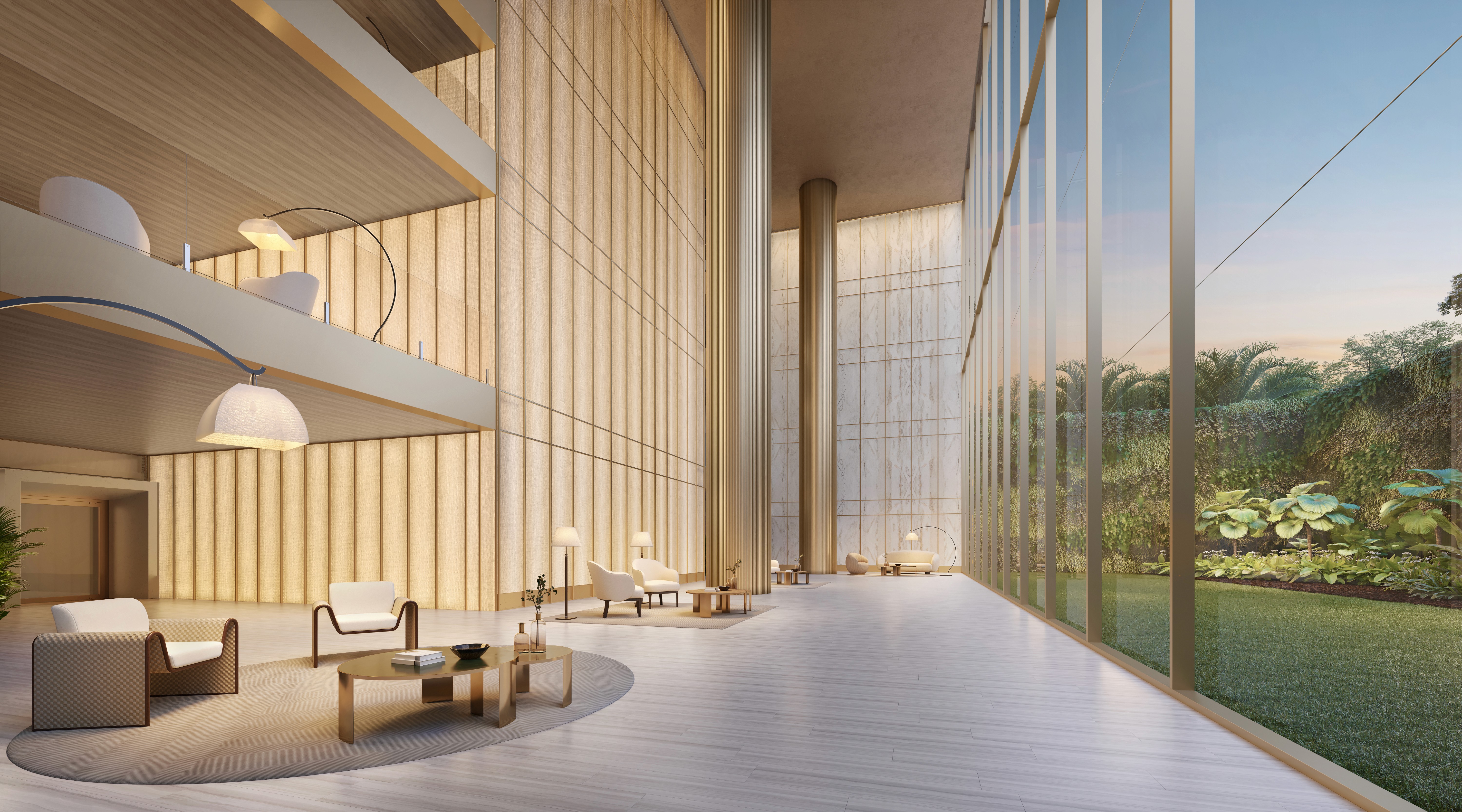 Curved modern skyscraper against a clear blue sky.