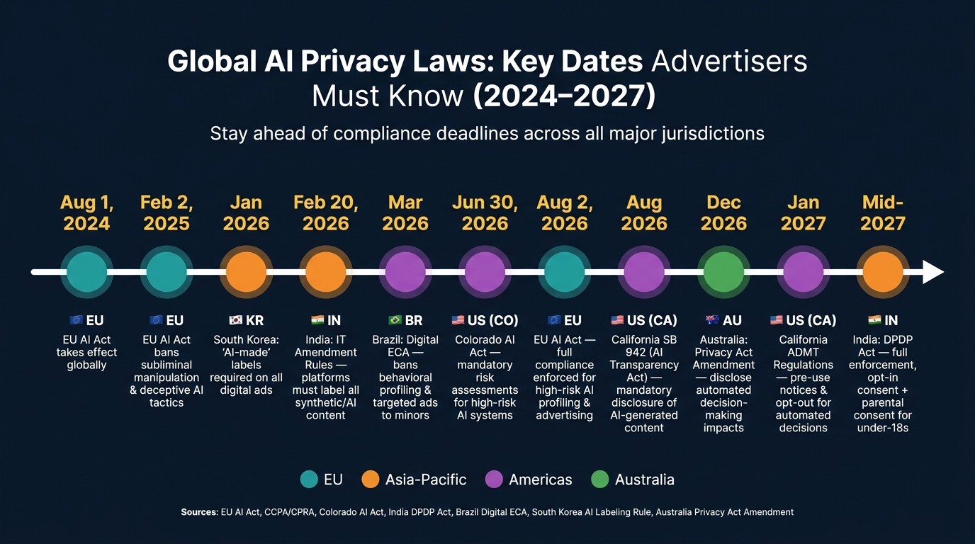 Global AI Privacy Laws Timeline: Key Dates for Advertisers (2024–2027)