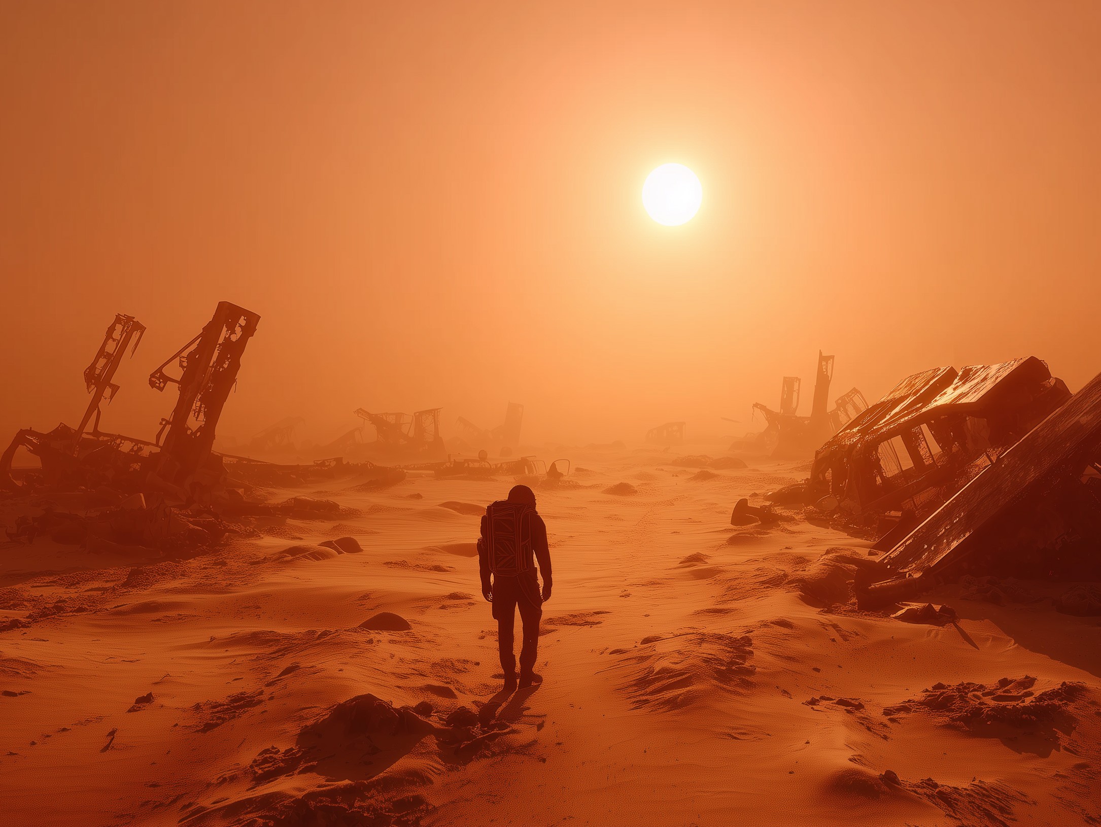 A lone figure walking across an orange desert toward a low sun, wreckage scattered beneath a hazy sky.