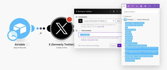 Make.com workflow visualization for Lucas Ostrowski's automated X posting system. Image shows integration between Airtable (Search Records) and X (Create a Post) modules, with detailed configuration panels. Exemplifies advanced no-code automation for seamless content publishing from database to social media platform.