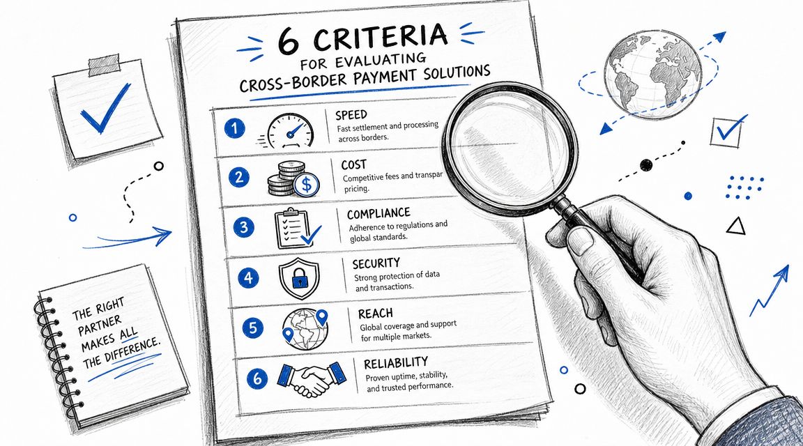 A hand holding a magnifying glass over a document listing six key criteria for cross border payment solutions.