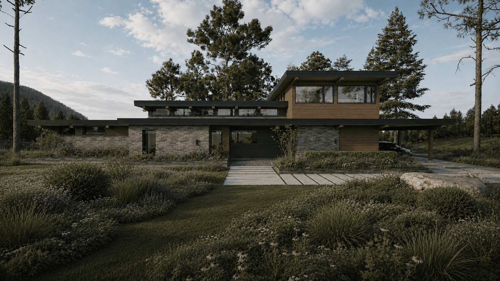 Mid-century modern custom home built-on a flat landscape