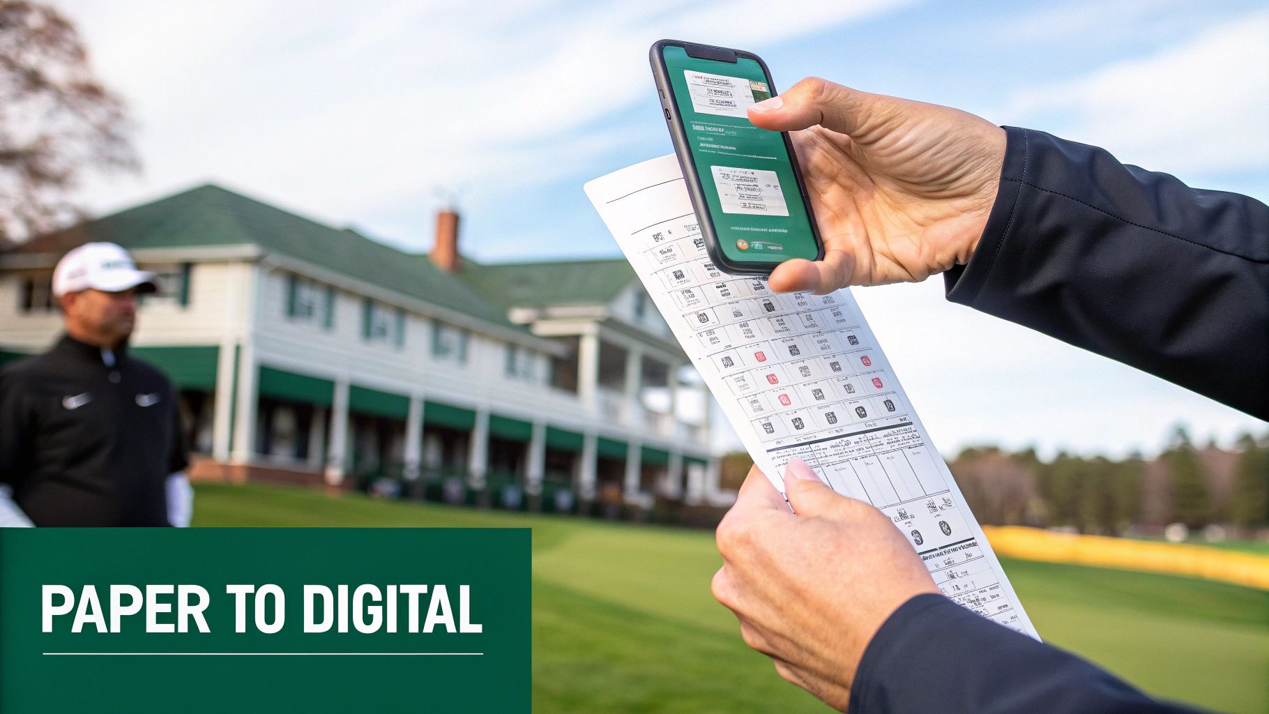 Hands scanning a paper golf scorecard with a smartphone app on a golf course, transitioning from paper to digital.