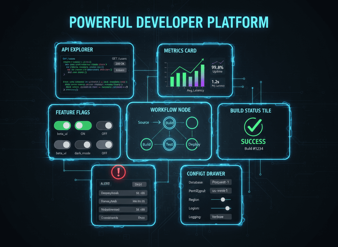 “Grid of developer interface components including API explorer, feature flags, metrics cards, workflow nodes, and alerts.”
