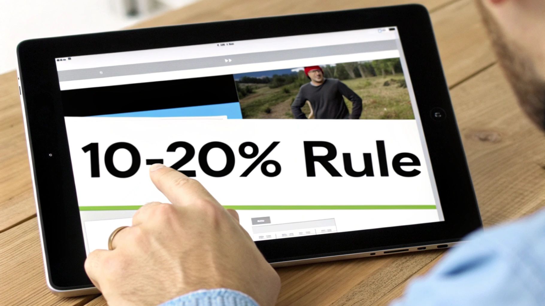 A person's hand with a ring touches a tablet displaying the '10-20% Rule' text and a video.