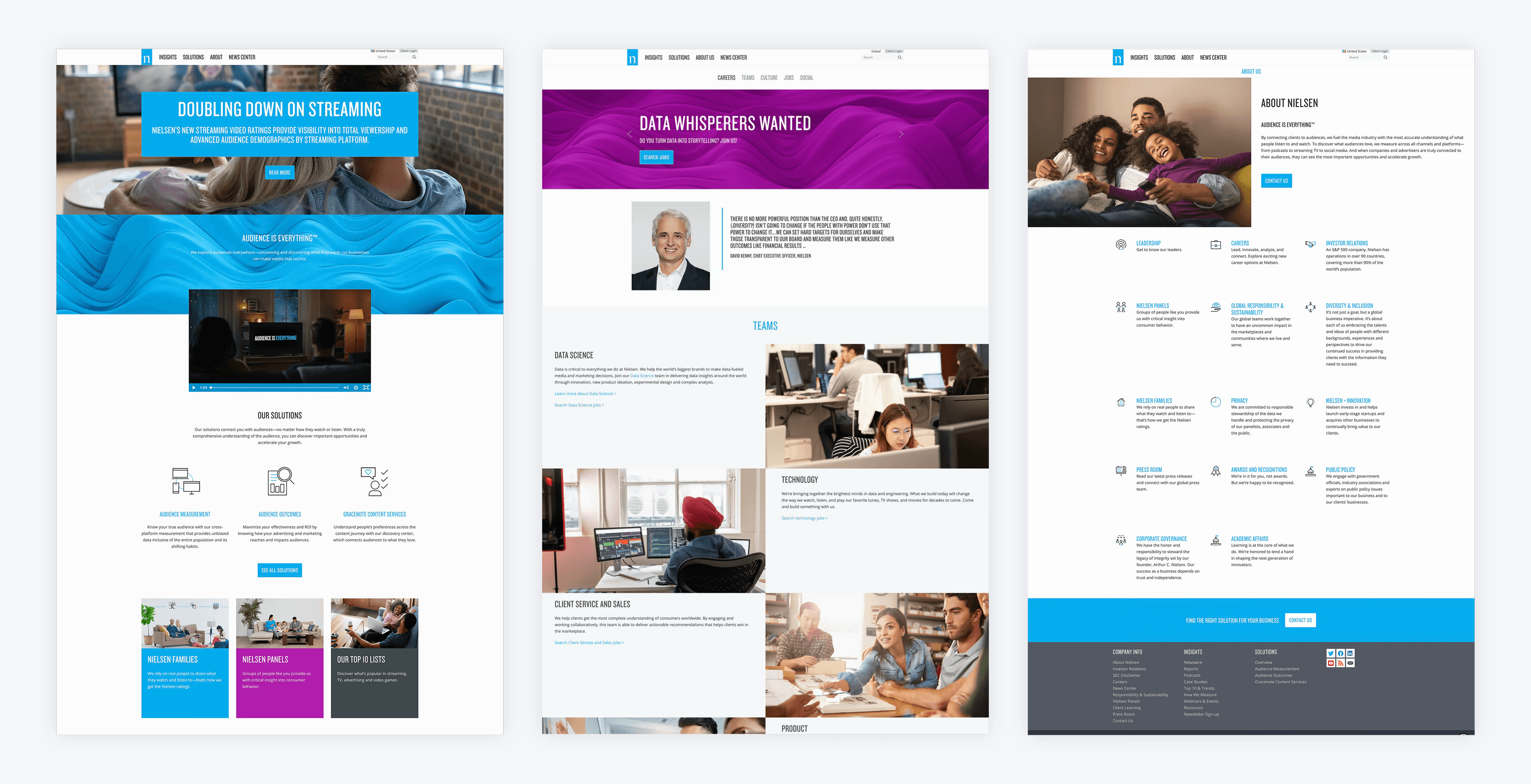 Three screenshots from Nielsen’s previous website, showing a marketing homepage, a careers page, and an about page.