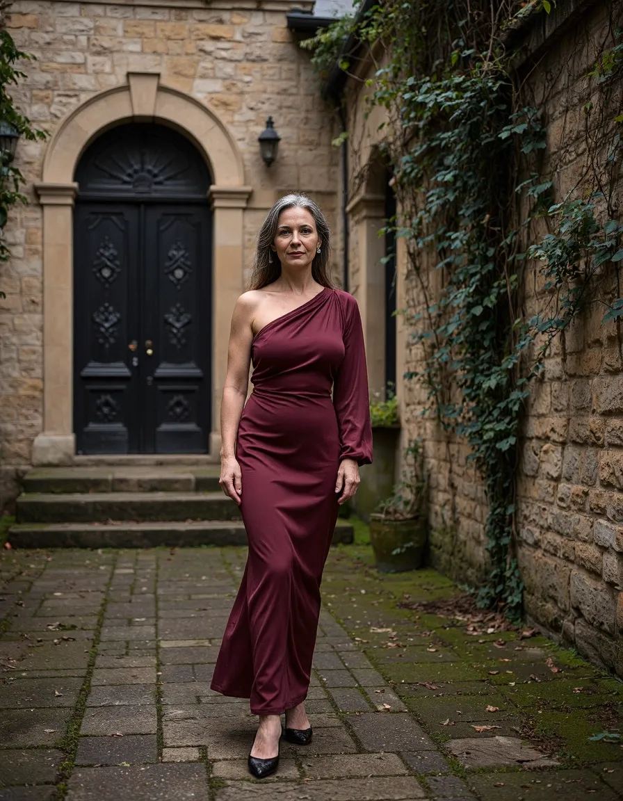 A burgundy one-shoulder gown stands out against ancient stone walls and a black arched doorway in an atmospheric courtyard setting