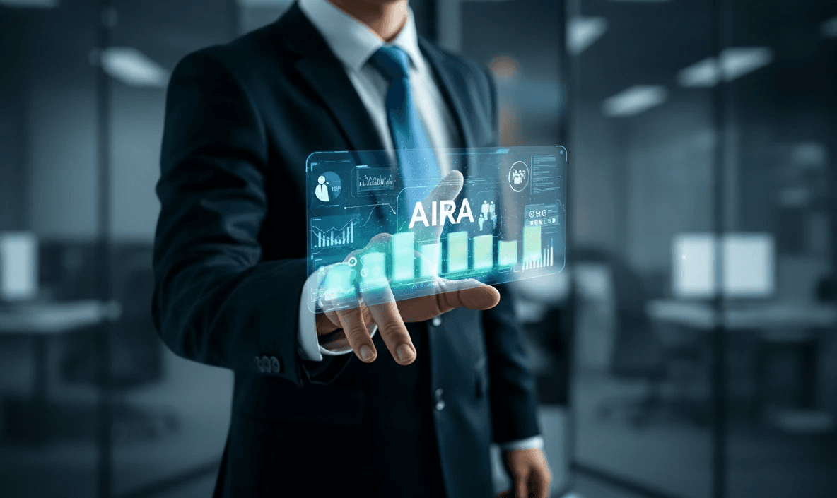 Geschäftsführer präsentiert AIRA AI-Recruiting-Dashboard mit Echtzeit-HR-Analytics