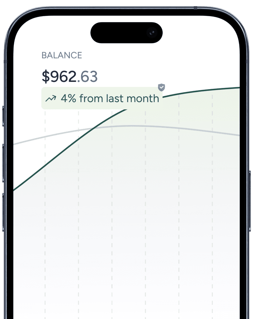 A close-up of a smartphone screen displaying a mobile app with a line graph and signal strength indicator of financial savings.