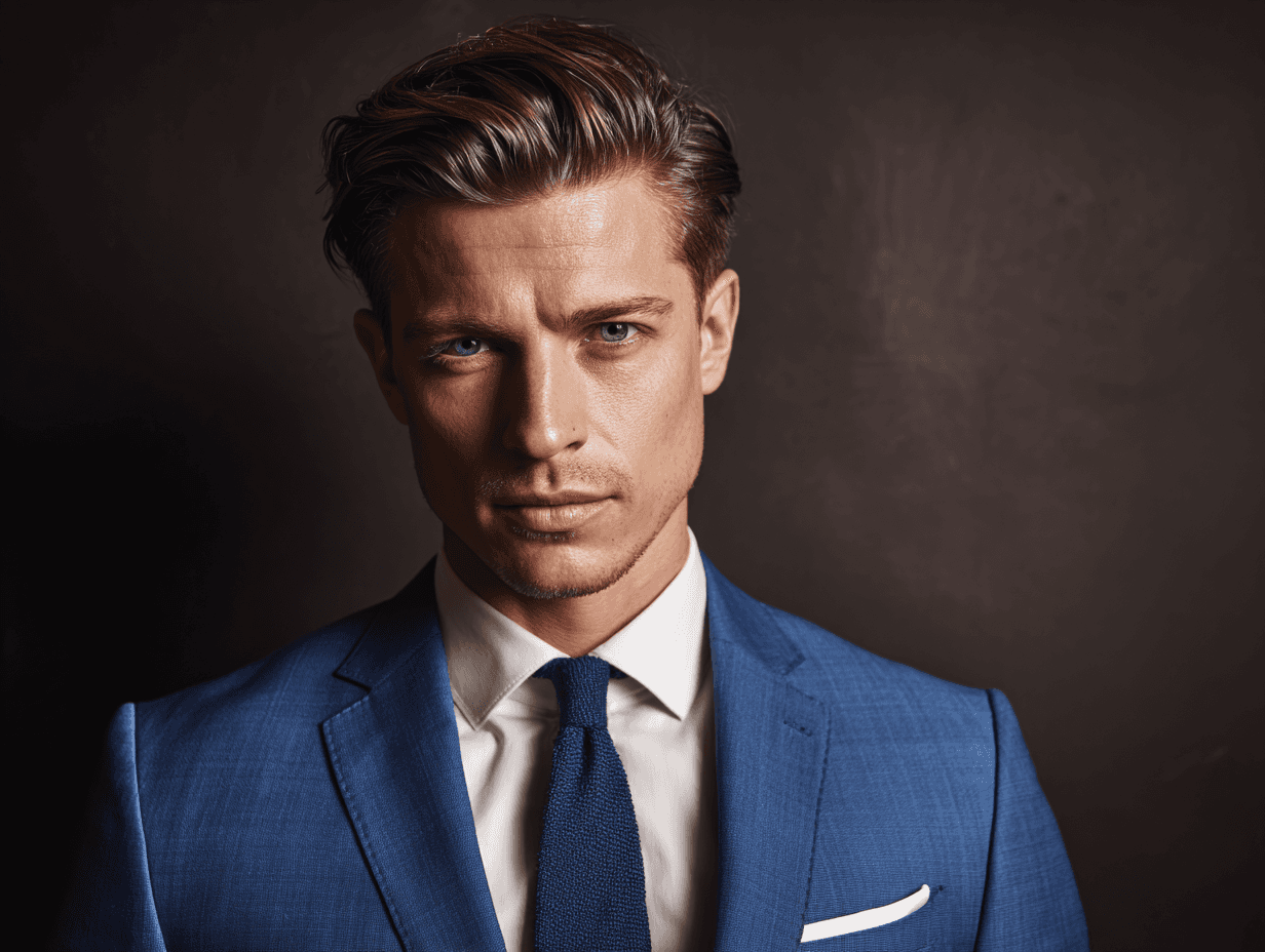 A man in a blue suit with a serious expression stands against a dark background.