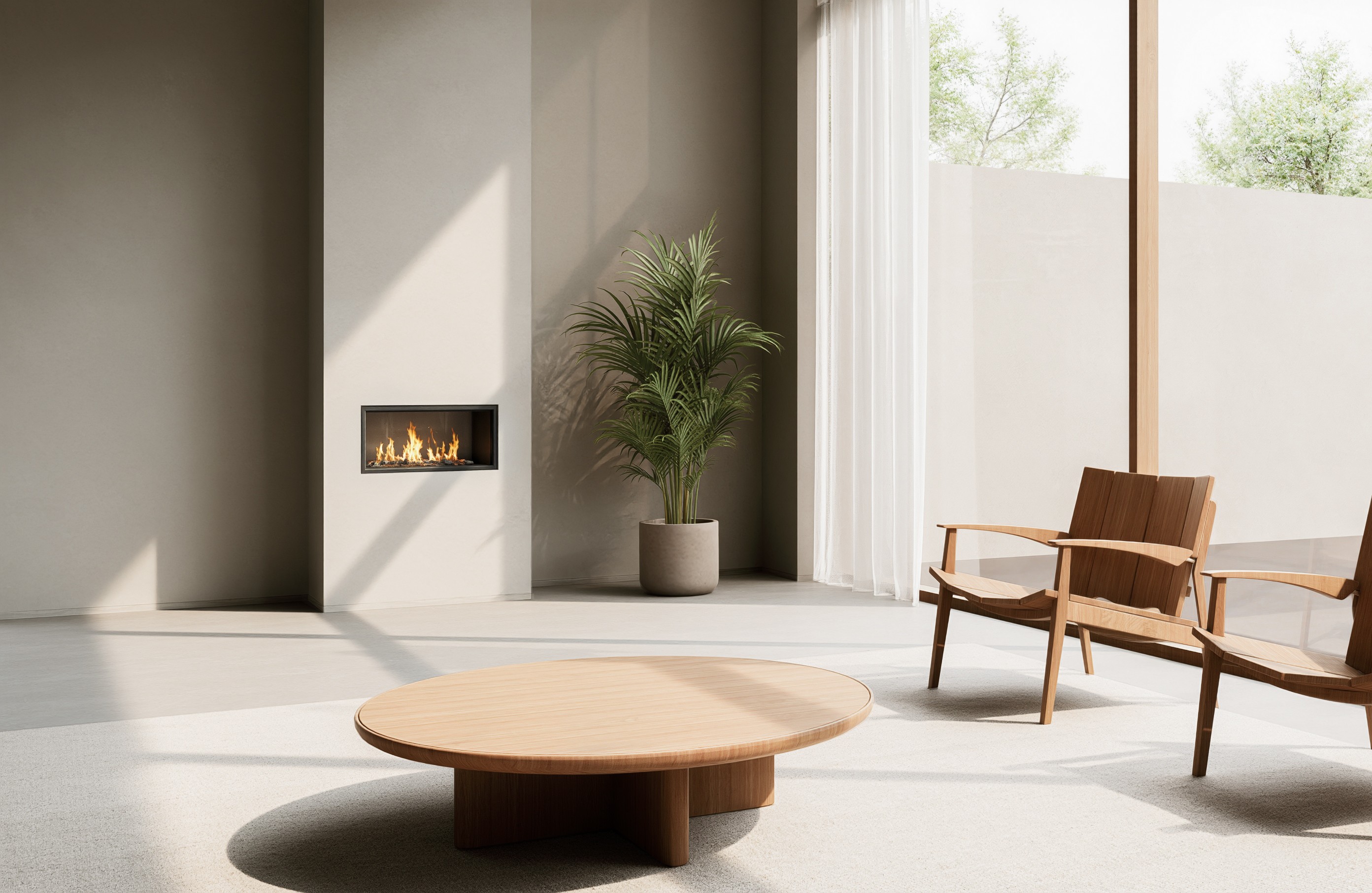 Warme slaapkamer met terracottakleurig beddengoed, een houten stoel en een zacht, doorschijnend gordijn dat het natuurlijke licht filtert