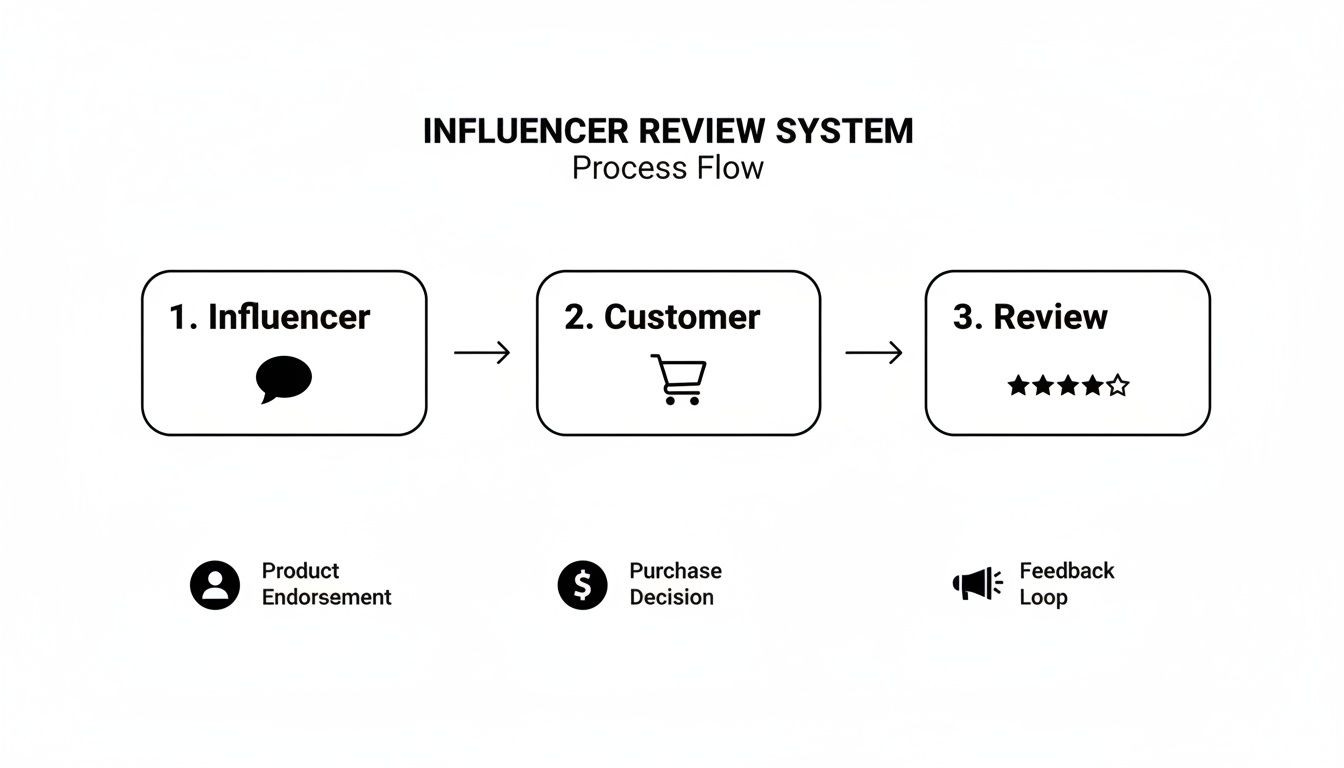 Diagram illustrating the influencer review system flow: influencer endorsement, customer purchase, and product review.