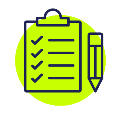 Icon of a clipboard and a list of ticks on the paper with a pencil to the right side