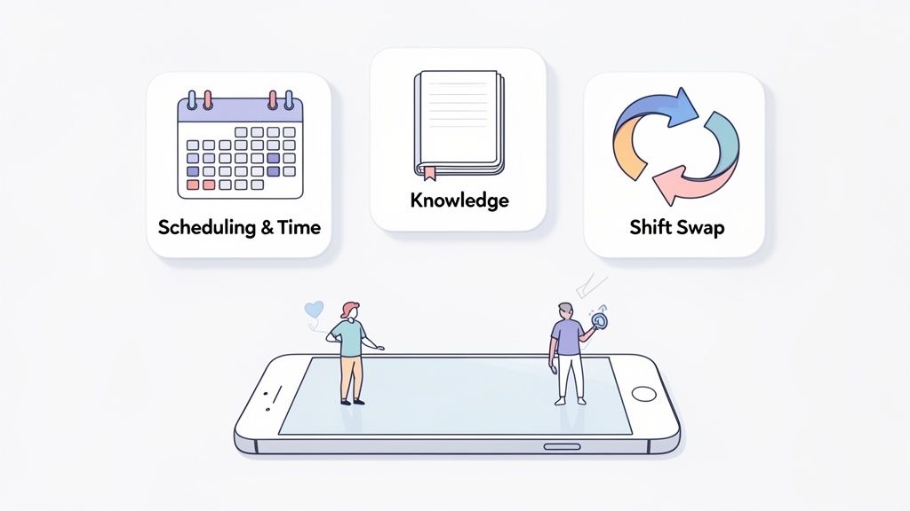 Mobile app features for workforce management, showing icons for scheduling, knowledge, and shift swap on a smartphone.