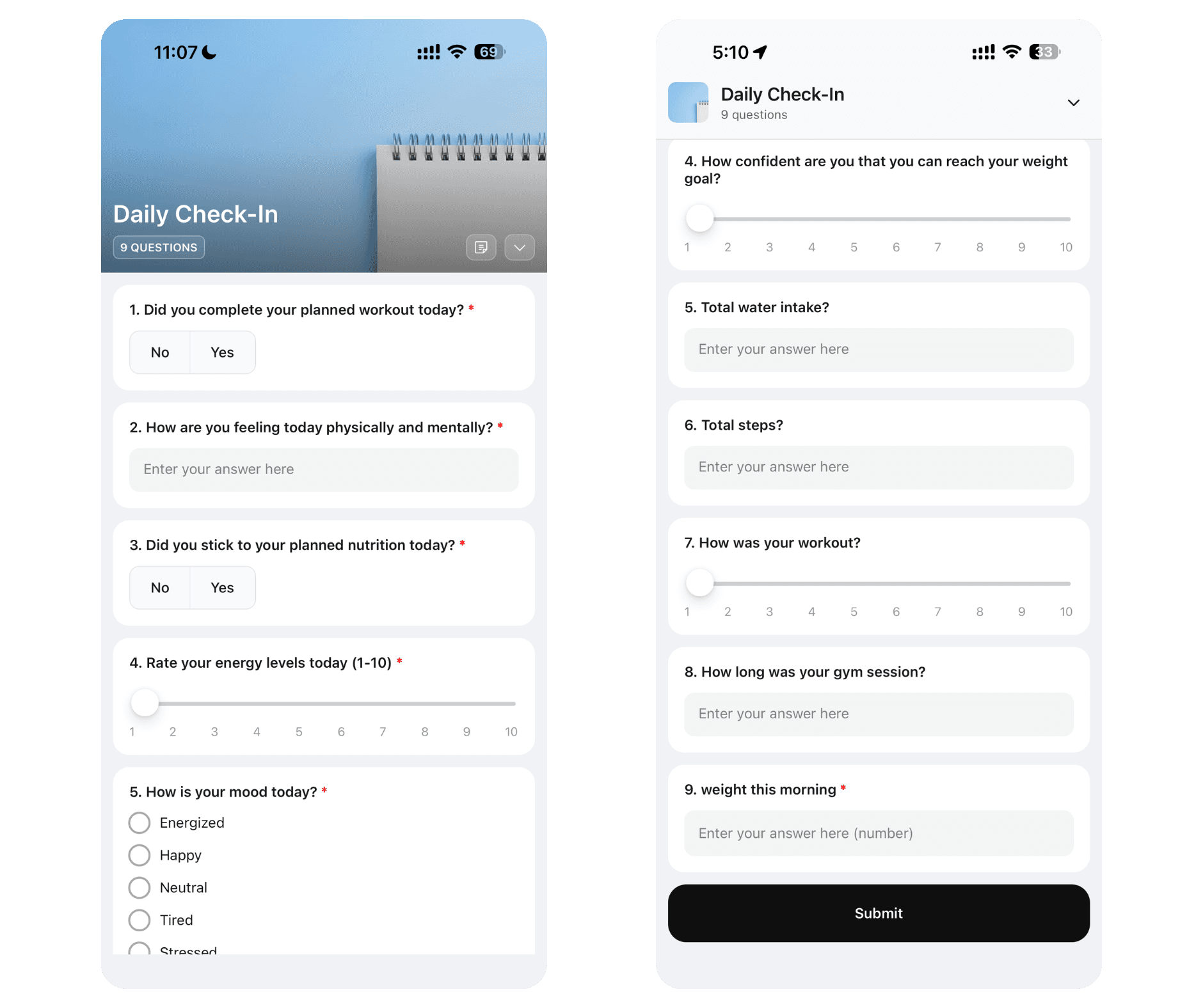 daily check-in - hubfit client app