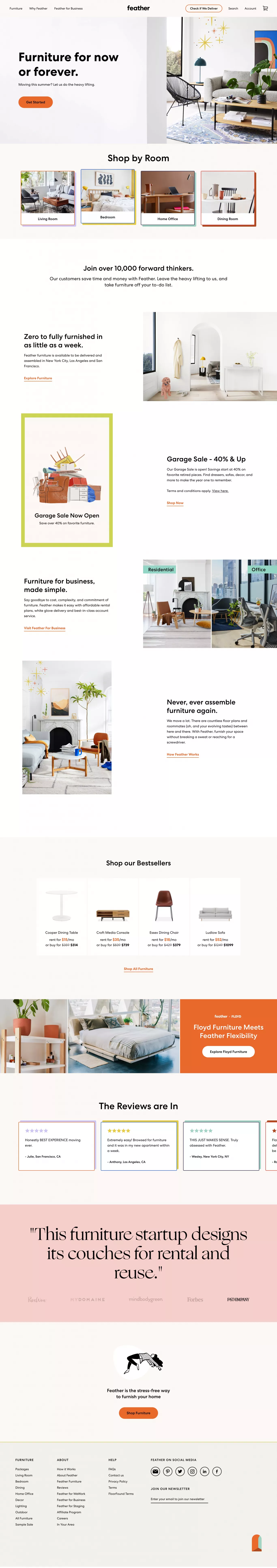 Feather landing page screenshot showcasing Design and Furniture & Interiors design